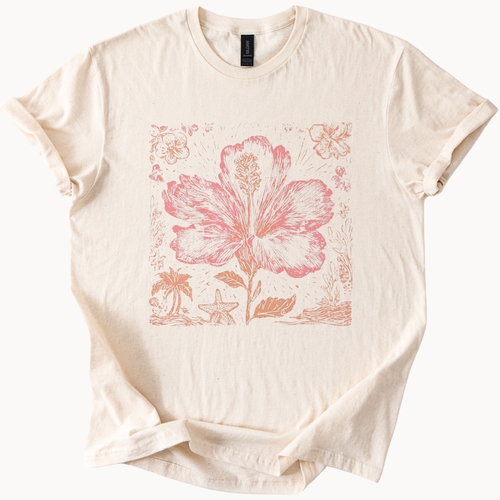 Tropical Hibiscus Graphic Tee Botanical Woodcut Style Natural